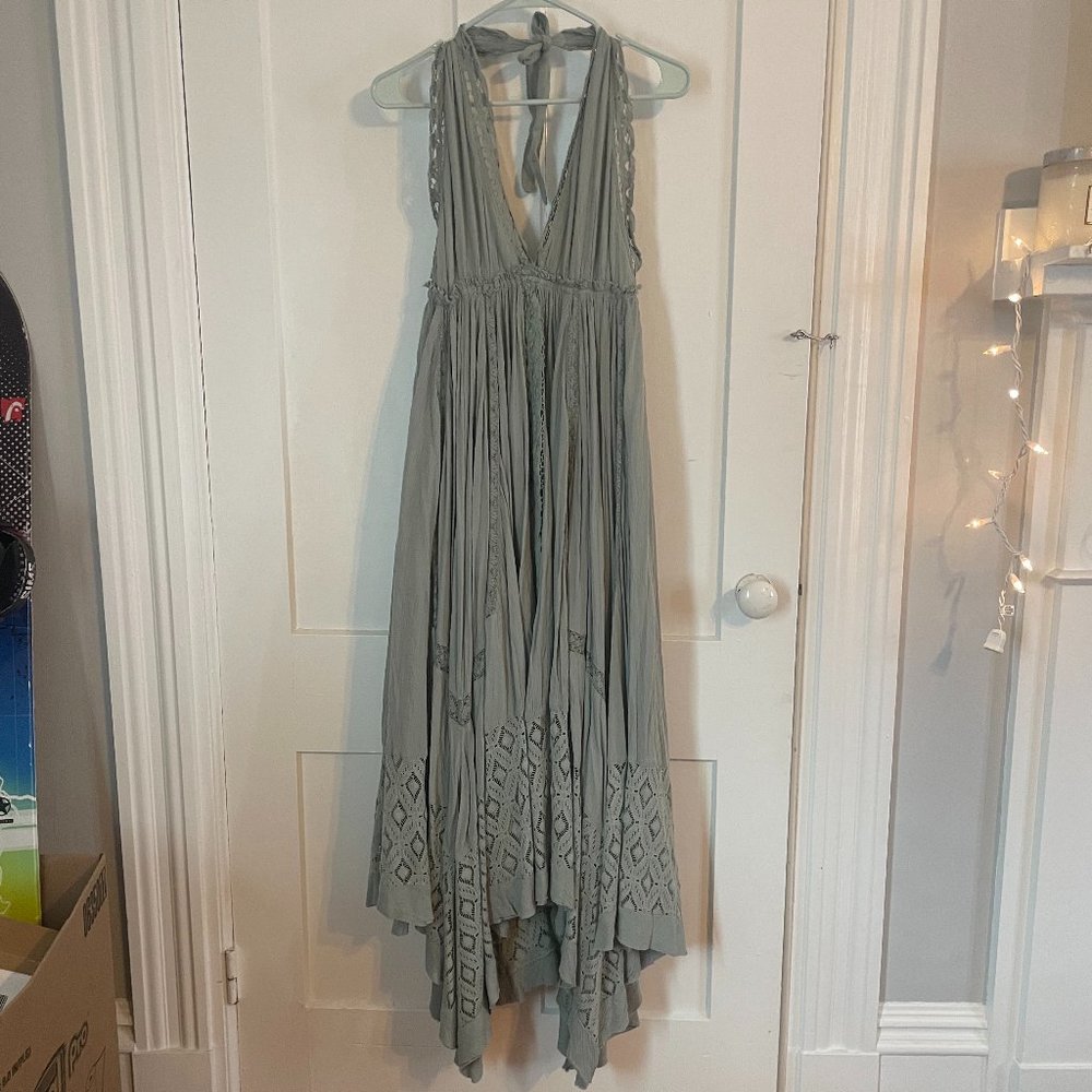 NWT Free People Halter Green Maxi Dress Open Back